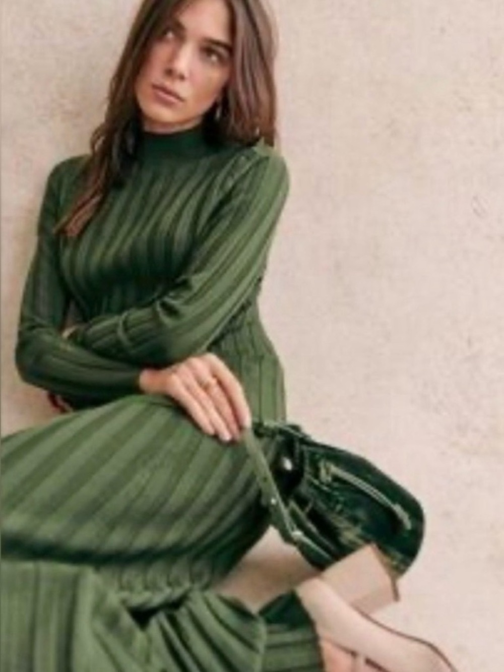 Sezane Ribbed Mock Neck Merino Wool Katrina Dress in Kaki Green - Picture 2 of 10